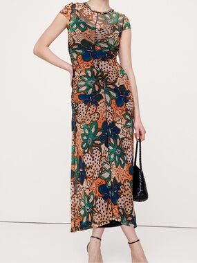 Ruched Mesh Short Sleeve MIDI Dress